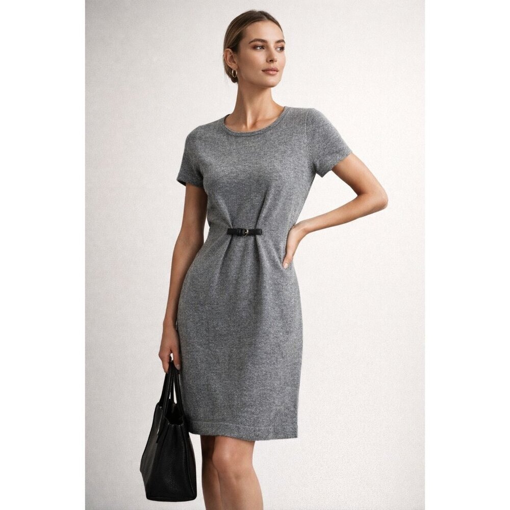 Massimo Dutti Wool Cashmere Knit Dress Gray Short Sleeve Belted Sweater Dress S